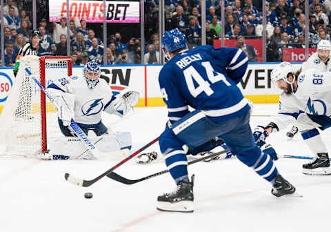 May 14, 2022; Toronto, Ontario, CAN; Toronto Maple Leafs defenseman Morgan Rielly (44)   Stanley Cup Playoffs at Scotiabank Arena. Mandatory Credit: Nick Turchiaro-USA TODAY Sports