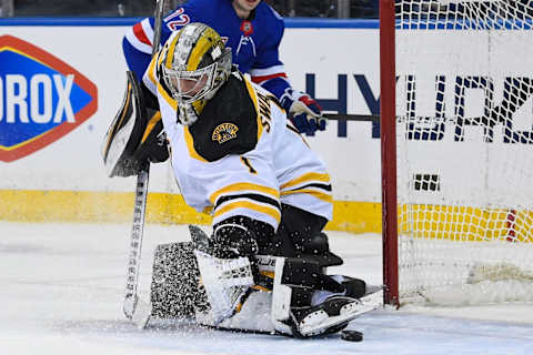 Feb 15, 2022; New York, New York, USA; Boston Bruins goaltender Jeremy Swayman (1)  . Mandatory Credit: Dennis Schneidler-USA TODAY Sports