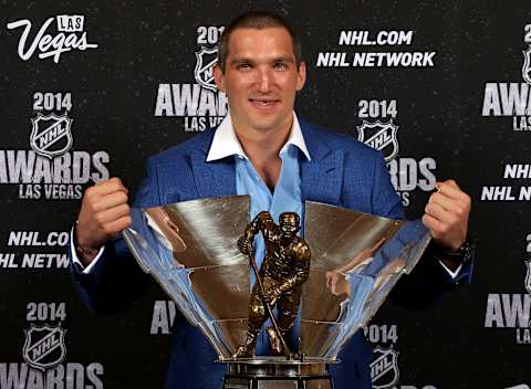 LAS VEGAS, NV – JUNE 24: Alex Ovechkin of the Washington Capitals poses with the Maurice “Rocket” Richard Trophy during the 2014 NHL Awards at the Encore Theater at Wynn Las Vegas on June 24, 2014 in Las Vegas, Nevada. (Photo by Bruce Bennett/Getty Images)