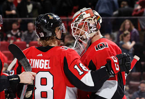 OTTAWA, ON – FEBRUARY 9: Ryan Dzingel #18 and Anders Nilsson #31 of the Ottawa Senators celebrate their win against the Winnipeg Jets at Canadian Tire Centre on February 9, 2019 in Ottawa, Ontario, Canada. (Photo by Jana Chytilova/Freestyle Photography/Getty Images)