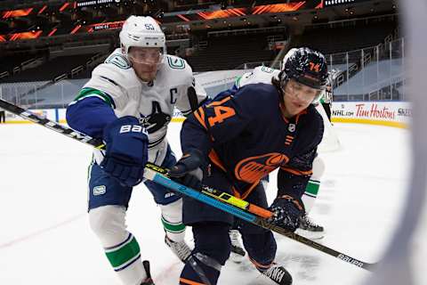 Ethan Bear #74 of the Edmonton Oilers. (Photo by Codie McLachlan/Getty Images)