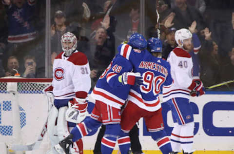 NEW YORK, NEW YORK – MARCH 01: Brendan Lemieux #48 of the New York Rangers celebrates his goal against the Montreal Canadiens along with Vladislav Namestnikov #90 at Madison Square Garden on March 01, 2019 in New York City. The Canadiens defeated the Rangers 4-2. (Photo by Bruce Bennett/Getty Images)