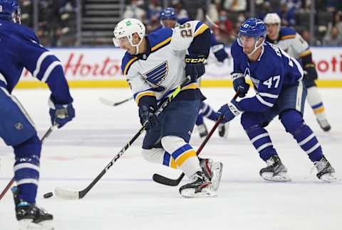 TORONTO, ON – FEBRUARY 19: Jordan Kyrou #25 of the St. Louis Blues skates with the puck against the Toronto Maple Leafs during an NHL game at Scotiabank Arena on February 19, 2022 in Toronto, Ontario, Canada. (Photo by Claus Andersen/Getty Images)