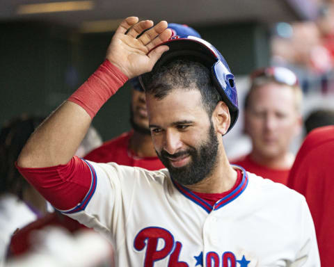 PHILADELPHIA, PA – SEPTEMBER 30: Philadelphia Phillies Outfield Jose Bauttista (19) in the dugout after scoring a run during the fifth inning of the Atlanta Braves versus the Philadelphia Phillies game on September 30, 2018, at Citizens Bank Park in Philadelphia, PA. (Photo by Gregory Fisher/Icon Sportswire via Getty Images)