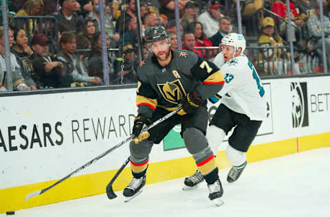 Apr 24, 2022; Las Vegas, Nevada, USA; Vegas Golden Knights defenseman Alex Pietrangelo (7) skates with the puck against San Jose Sharks center Nick Bonino (13) during the first period against the Vegas Golden Knights at T-Mobile Arena. Mandatory Credit: Lucas Peltier-USA TODAY Sports