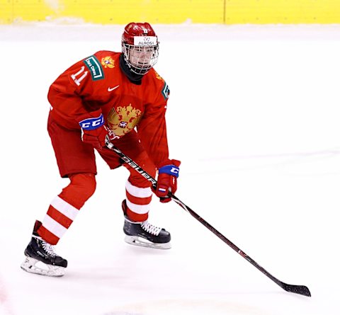 VANCOUVER , BC – JANUARY 5: Vasili Podkolzin #11 of Russia skates against Switzerland during a bronze medal game at the IIHF World Junior Championships at Rogers Arena on January 5, 2019 in Vancouver, British Columbia, Canada. (Photo by Kevin Light/Getty Images)