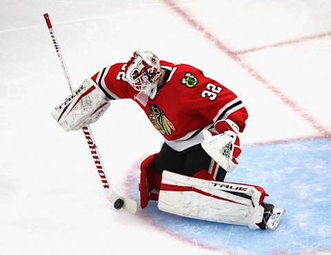 Kevin Lankinen #32 of the Chicago Blackhawks. (Photo by Jonathan Daniel/Getty Images)