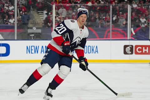 Washington Capitals center Lars Eller skates during the warmups before the game against the Carolina Hurricanes during the 2023 Stadium Series ice hockey game at Carter-Finley Stadium. (James Guillory-USA TODAY Sports)