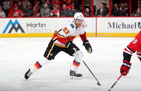 RALEIGH, NC – JANUARY 14: Sam Bennett #93 of the Calgary Flames skates for position on the ice during an NHL game against the Carolina Hurricanes on January 14, 2018 at PNC Arena in Raleigh, North Carolina. (Photo by Gregg Forwerck/NHLI via Getty Images)