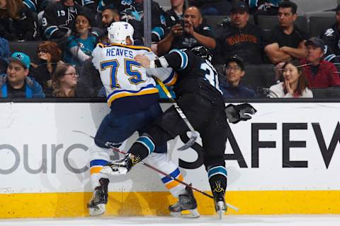 SAN JOSE, CA – MARCH 16: Ryan Reaves #75 of the St. Louis Blues gets tangled up with Michael Haley #38 of the San Jose Sharks at SAP Center on March 16, 2017, in San Jose, California. (Photo by Rocky W. Widner/NHL/Getty Images)