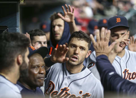 May 24, 2017; Houston, TX, USA; Detroit Tigers second baseman Ian Kinsler (3) celebrates in the dugout after scoring a run during the eighth inning against the Houston Astros at Minute Maid Park. Mandatory Credit: Troy Taormina-USA TODAY Sports