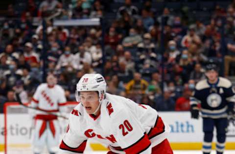 COLUMBUS, OH – OCTOBER 23: Sebastian Aho #20 of the Carolina Hurricanes skates after the puck during the game against the Columbus Blue Jackets at Nationwide Arena on October 23, 2021, in Columbus, Ohio. (Photo by Kirk Irwin/Getty Images)