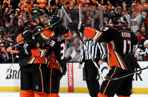 ANAHEIM, CA – APRIL 15: Ryan Getzlaf #15, Jakob Silfverberg #33 and Ryan Kesler #17 of the Anaheim Ducks celebrate Getzlaf’s third-period power play goal against the Calgary Flames in Game Two of the 2017 Western Conference First Round on April 15, 2017. (Photo by Robert Binder/NHLI via Getty Images)