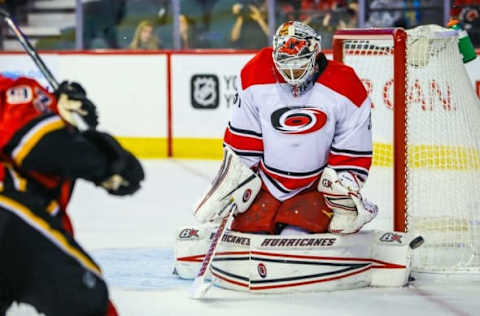 Oct 20, 2016; Calgary, Alberta, CAN; Carolina Hurricanes goalie Eddie Lack (31) makes a save against Calgary Flames during the first period at Scotiabank Saddledome. Mandatory Credit: Sergei Belski-USA TODAY Sports