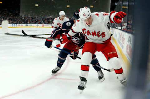 COLUMBUS, OH – JANUARY 16: Jake Gardiner #51 of the Carolina Hurricanes skates after the puck during the game against the Columbus Blue Jackets on January 16, 2020 at Nationwide Arena in Columbus, Ohio. (Photo by Kirk Irwin/Getty Images)