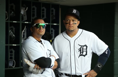 DETROIT, MI – JUNE 2: Victor Marttinez #41 and Miguel Cabbrera #24 of the Detroit Tigers watches the action from the dugout during the eight inning game against the Toronto Blue Jays at Comerica Park on June 2, 2018 in Detroit, Michigan. The Detroit Tigers defeated the Toronto Blue Jays 7-4. (Photo by Leon Halip/Getty Images)