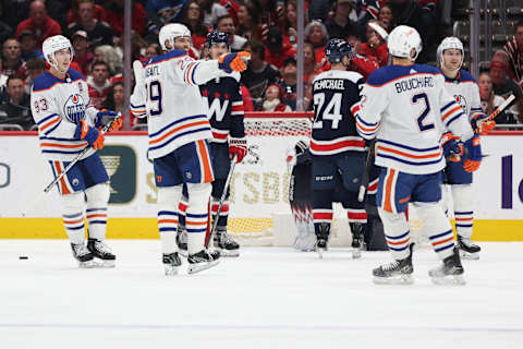 WASHINGTON, DC – NOVEMBER 24: Leon Draisaitl #29 of the Edmonton Oilers celebrates after scoring a goal against the Washington Capitals during the second period at Capital One Arena on November 24, 2023 in Washington, DC. (Photo by Patrick Smith/Getty Images)