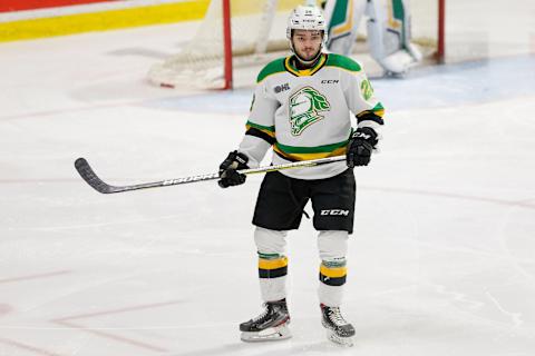 Defensemen Ryan Merkley #28 of the London Knights (Photo by Dennis Pajot/Getty Images)