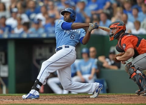 Jun 26, 2016; Kansas City, MO, USA; Kansas City Royals center fielder Lorenzo Cain (6) doubles against the Houston Astros during the seventh inning at Kauffman Stadium. Mandatory Credit: Peter G. Aiken-USA TODAY Sports