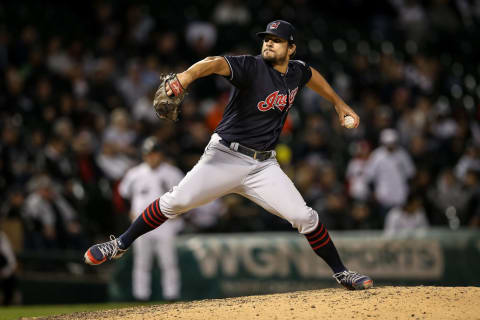 CHICAGO, IL – SEPTEMBER 26: Brad Hand #33 of the Cleveland Indians pitches in the eighth inning against the Chicago White Sox at Guaranteed Rate Field on September 26, 2018 in Chicago, Illinois. (Photo by Dylan Buell/Getty Images)