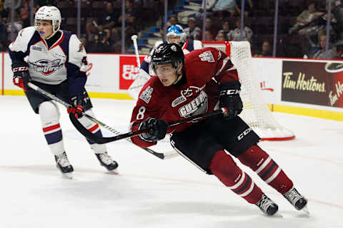 WINDSOR, ON – SEPTEMBER 24: Forward Cam Hillis #8 of the Guelph Storm skates against the Windsor Spitfires on September 24, 2017 at the WFCU Centre in Windsor, Ontario, Canada. (Photo by Dennis Pajot/Getty Images)