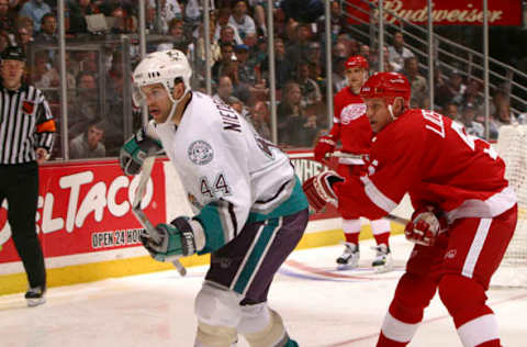 2003 Season: Mighty Ducks of Anaheim sweep Detroit Redwings out of the Stanley Cup playoffs on 4/16/03, and Player Nicklas Lidstrom. (Photo by Henry DiRocco/Getty Images)