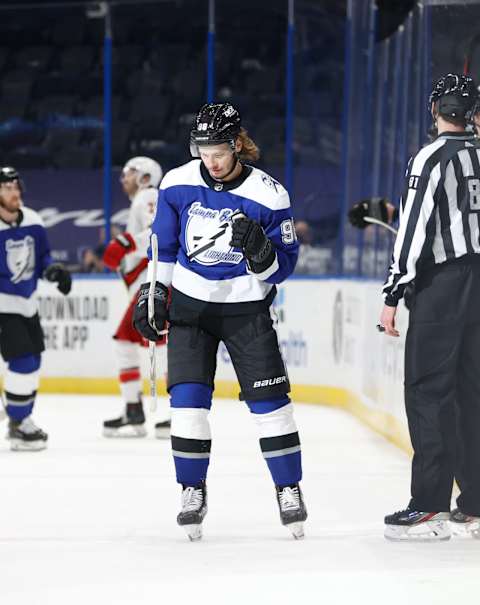 Feb 25, 2021; Tampa, Florida, USA; Mikhail Sergachev Mandatory Credit: Kim Klement-USA TODAY Sports