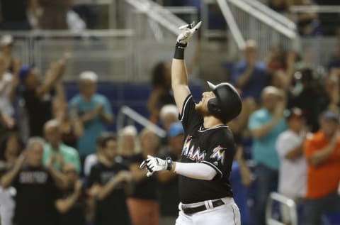 MIAMI, FL – SEPTEMBER 22: Ausstin Dean #44 of the Miami Marlins reacts as he runs home after hitting a two-run home run against the Cincinnati Reds in the sixth inning at Marlins Park on September 22, 2018 in Miami, Florida. (Photo by Joe Skipper/Getty Images)