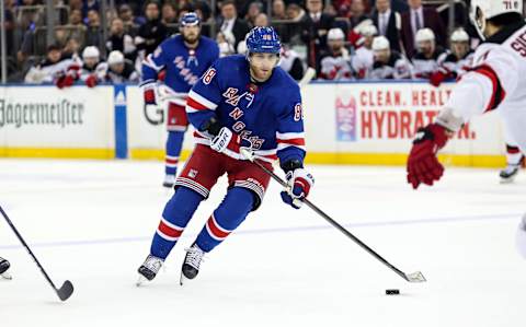 Apr 29, 2023; New York, New York, USA; New York Rangers right wing Patrick Kane (88) skates into the zone against the New Jersey Devils during the second period in game six of the first round of the 2023 Stanley Cup Playoffs at Madison Square Garden. Mandatory Credit: Danny Wild-USA TODAY Sports