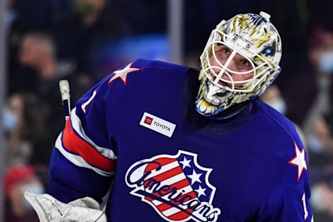 LAVAL, QC – APRIL 08: Goaltender Ukko-Pekka Luukkonen #1 of the Rochester Americans skates during stoppage in the second period against the Laval Rocket at Place Bell on April 8, 2022 in Laval, Canada. The Laval Rocket defeated the Rochester Americans 4-3 in overtime. (Photo by Minas Panagiotakis/Getty Images)