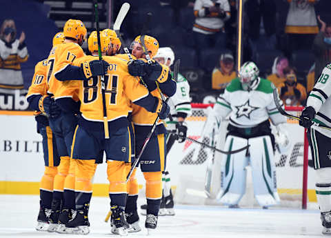 Nashville Predators players celebrate. Mandatory Credit: Christopher Hanewinckel-USA TODAY Sports