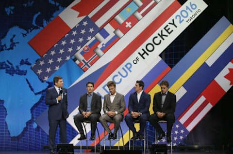 Sep 9, 2015; Toronto, Ontario, Canada; Ryan McDonagh and Dave Pastrnak and Sidney Crosby and Anze Kopitar appear on stage together with host Scott Levy during a press conference and media event for the 2016 World Cup of Hockey at Air Canada Centre. Mandatory Credit: Tom Szczerbowski-USA TODAY Sports