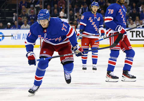 NEW YORK, NEW YORK – APRIL 24: Niko Mikkola #77 of the New York Rangers skates against the New Jersey Devils in Game Four of the First Round of the 2023 Stanley Cup Playoffs at Madison Square Garden on April 24, 2023 in New York, New York. (Photo by Bruce Bennett/Getty Images)