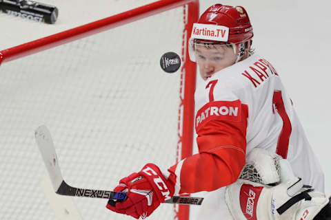 COPENHAGEN, DENMARK – MAY 6, 2018: Russia’s Kirill Kaprizov in action in the 2018 IIHF Ice Hockey World Championship Group A Preliminary Round match against Austria at Royal Arena. Anton Novoderezhkin/TASS (Photo by Anton NovoderezhkinTASS via Getty Images)