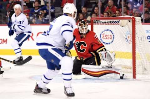 Nov 30, 2016; Calgary, Alberta, CAN; Calgary Flames goalie Chad Johnson (31) stops a shot from the Toronto Maple Leafs in the second period at Scotiabank Saddledome. Mandatory Credit: Candice Ward-USA TODAY Sports