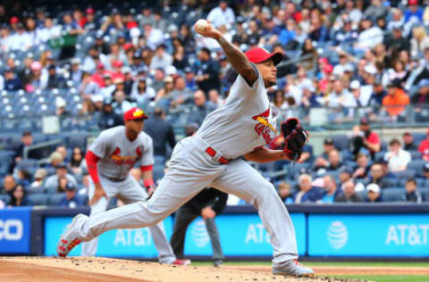 Apr 15, 2017; Bronx, NY, USA; St Louis Cardinals starting pitcher Carlos Martinez pitches against the New York Yankees during the first inning at Yankee Stadium. Mandatory Credit: Andy Marlin-USA TODAY Sports