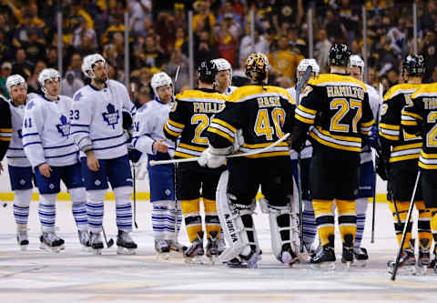 BOSTON, MA – MAY 13: Members of the Boston Bruins and the Toronto Maple Leafs. (Photo by Jared Wickerham/Getty Images)