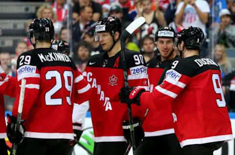 PRAGUE, CZECH REPUBLIC – MAY 12: Jason Spezza #90 of Canada celebrate with his team mates after scoring a goal during the IIHF World Championship group A match between Canada and Austria at o2 Arena on May 12, 2015 in Prague, Czech Republic. (Photo by Martin Rose/Getty Images)