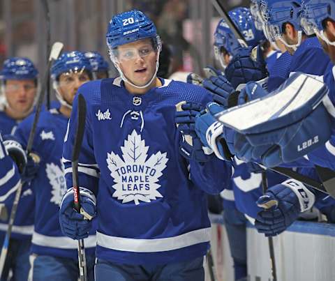 TORONTO, CANADA – JANUARY 17: Dryden Hunt #20 of the Toronto Maple Leafs celebrates a goal against the Florida Panthers during an NHL game at Scotiabank Arena on January 17, 2023 in Toronto, Ontario, Canada. (Photo by Claus Andersen/Getty Images)