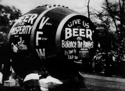 A giant barrel of beer, part of a demonstration against prohibition in America.