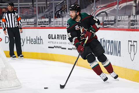 GLENDALE, ARIZONA – JANUARY 22: Jason Demers #55 of the Arizona Coyotes skates with the puck during the NHL game against the Vegas Golden Knights at Gila River Arena on January 22, 2021 in Glendale, Arizona. The Coyotes defeated the Golden Knights 5-2. (Photo by Christian Petersen/Getty Images)