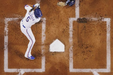 ARLINGTON, TX – OCTOBER 04: Corey Seager #5 of the Texas Rangers bats during a game against the New York Yankees at Globe Life Field on October 4, 2022 in Arlington, Texas. (Photo by Ben Ludeman/Texas Rangers/Getty Images)