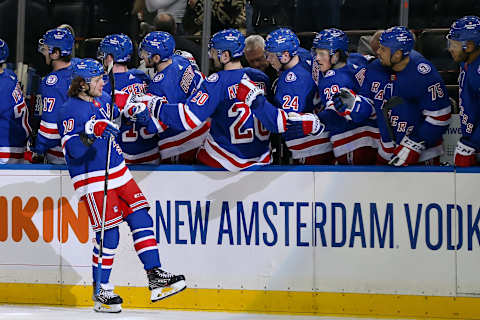 Apr 9, 2022; New York, New York, USA; New York Rangers left wing Artemi Panarin (10) celebrates with his team after scoring a goal against Ottawa Senators during the first period at Madison Square Garden. Mandatory Credit: Tom Horak-USA TODAY Sports