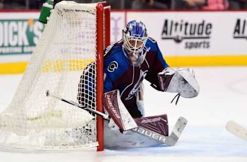 Nov 11, 2016; Denver, CO, USA; Colorado Avalanche goalie Semyon Varlamov (1) defends his net in the third period against the Winnipeg Jets at Pepsi Center. The Avalanche defeated the Jets 3-2 in overtime. Mandatory Credit: Ron Chenoy-USA TODAY Sports