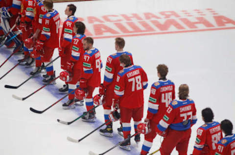 ST PETERSBURG, RUSSIA – 2022/05/05: Players of Russia are seen in action during the Liga Stavok St. Petersburg Cup, a hockey tournament match between Russia and Russia U20 at Jubilee Arena in Saint Petersburg.(Final score; Russia 4:2 Russia U20). (Photo by Maksim Konstantinov/SOPA Images/LightRocket via Getty Images)