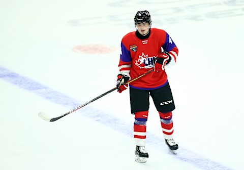 Jamie Drysdale of Team Red skates during the 2020 CHL/NHL Top Prospects Game against Team White at FirstOntario Centre on January 16, 2020.