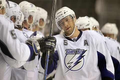 DALLAS – SEPTEMBER 21: Defenseman Mattias Ohlund #5 of the Tampa Bay Lightning celebrates his goal against the Dallas Stars during a preseason game at American Airlines Center on September 21, 2010 in Dallas, Texas. (Photo by Ronald Martinez/Getty Images)