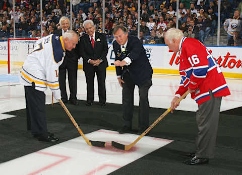 BUFFALO, NY – OCTOBER 15: Former Buffalo Sabres owner Seymour Knox III re-enacts the first puck drop at the first home game for the Buffalo Sabres . (Photo by Rick Stewart/Getty Images)