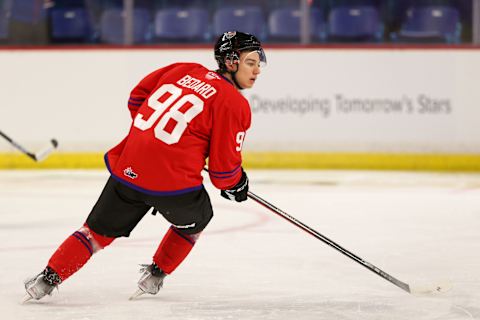 LANGLEY, BRITISH COLUMBIA – JANUARY 25: Forward Connor Bedard #98 of the Regina Pats skates for Team Red during the 2023 Kubota CHL Top Prospects Game Practice at the Langley Events Centre on January 25, 2023 in Langley, British Columbia. (Photo by Dennis Pajot/Getty Images)