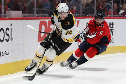 Jake DeBrusk #74 of the Boston Bruins. (Photo by Patrick Smith/Getty Images)